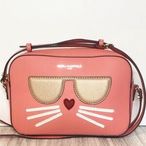 Karl Lagerfeld Pink and Gold Cat Crossbody Bag